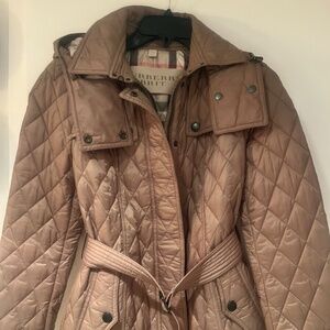 Burberry Finsbridge Quilted Coat Pale Fawn Belted Hooded Women’s Size S